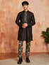 Men's Black Cotton Jacket Kurta And Pyjama Set